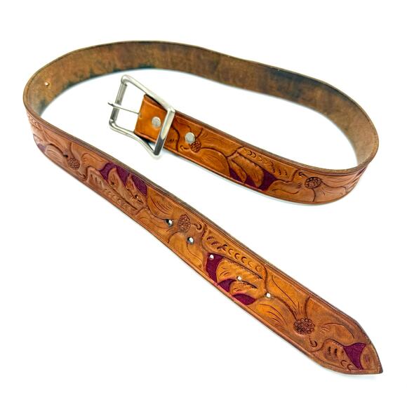 Vintage Western Cowboy Belt 30 Brown Tooled Leather Name Eugene M Hand Painted - Picture 3 of 10